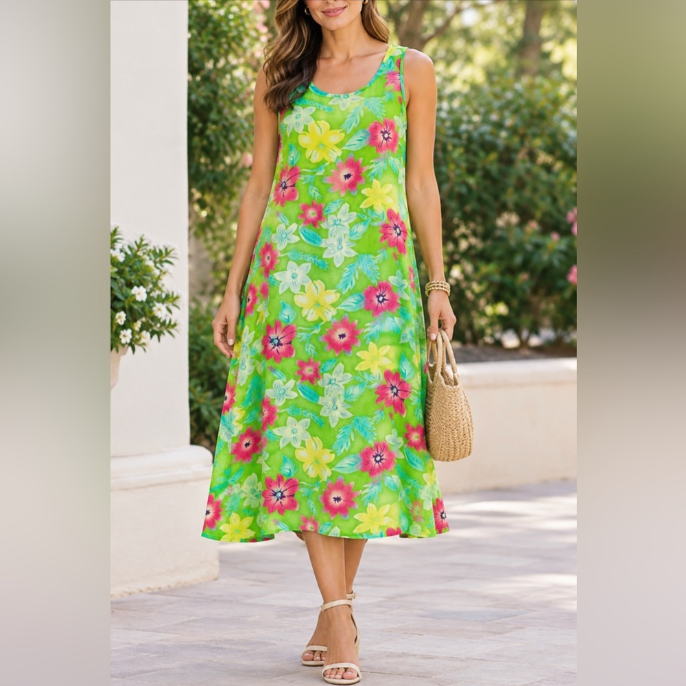 Robbie Bee Green 100% Silk Floral Sleeveless Maxi Dress 16